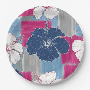 Elegant Blue Hibiscus Floral Pattern (2) Paper Plate