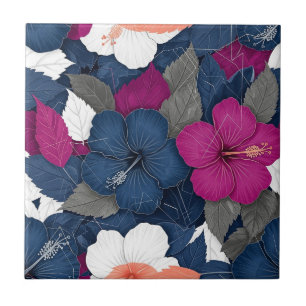 Elegant Blue Hibiscus Floral Pattern (3) Tile