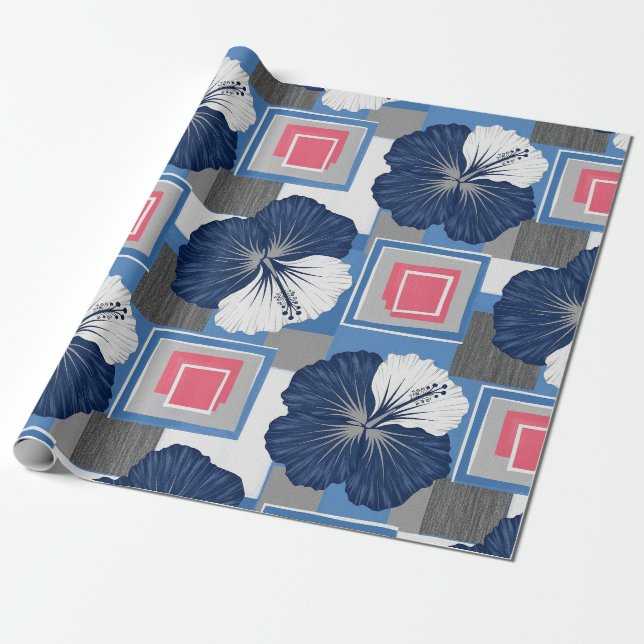 Elegant Blue Hibiscus Floral Pattern (3) Wrapping Paper (Unrolled)