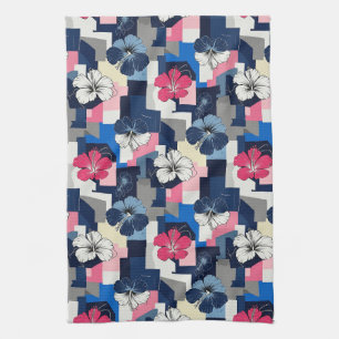 Elegant Blue Hibiscus Floral Pattern (4) Kitchen Towel