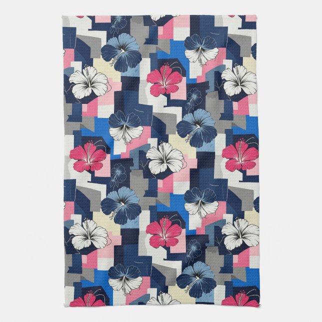 Elegant Blue Hibiscus Floral Pattern (4) Kitchen Towel (Vertical)