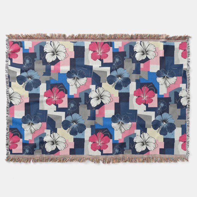 Elegant Blue Hibiscus Floral Pattern (4) Throw Blanket (Front)