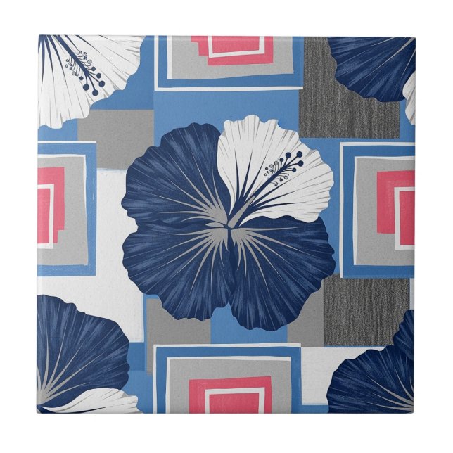 Elegant Blue Hibiscus Floral Pattern (4) Tile (Front)