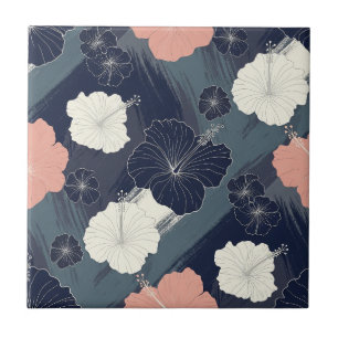 Elegant Blue Hibiscus Floral Pattern (5) Tile