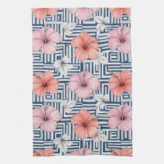 Elegant Blue Hibiscus Floral Pattern (6) Kitchen Towel (Vertical)