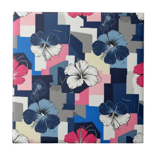 Elegant Blue Hibiscus Floral Pattern (7) Tile