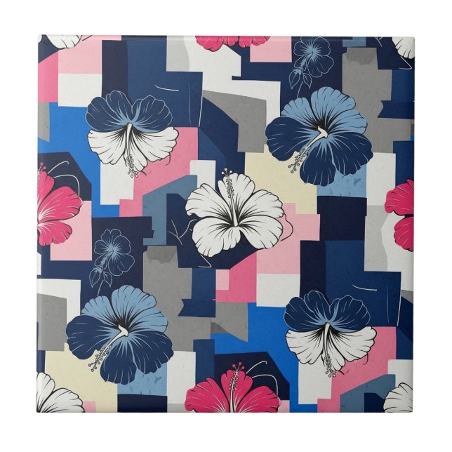 Elegant Blue Hibiscus Floral Pattern (7) Tile (Front)