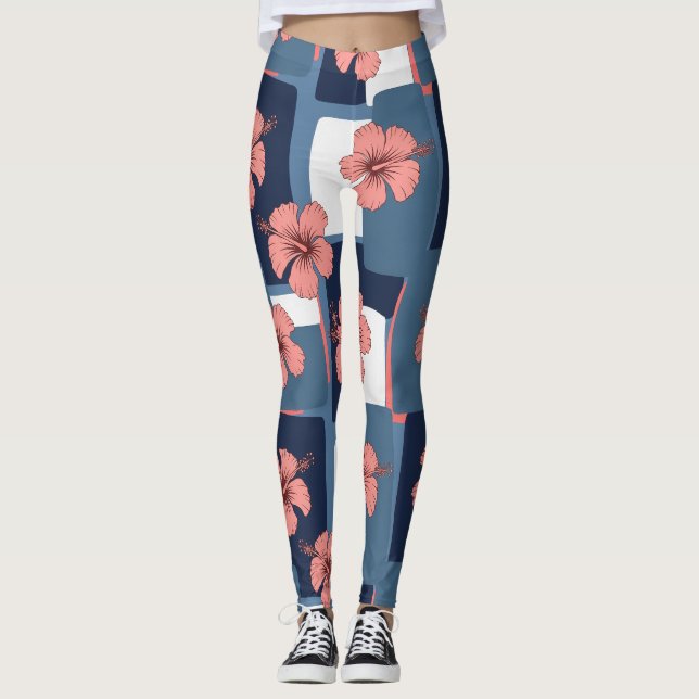 Elegant Blue Hibiscus Floral Pattern (8) Leggings (Front)