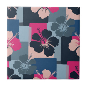 Elegant Blue Hibiscus Floral Pattern (8) Tile
