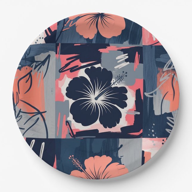 Elegant Blue Hibiscus Floral Pattern (9) Paper Plate (Front)