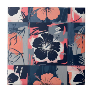 Elegant Blue Hibiscus Floral Pattern (9) Tile