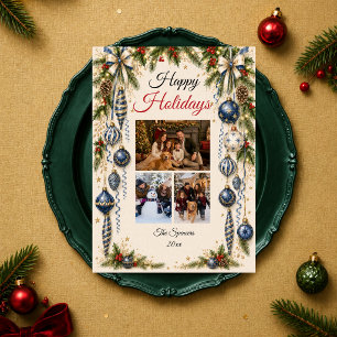 Elegant Blue Holiday Family Photo Collage Card