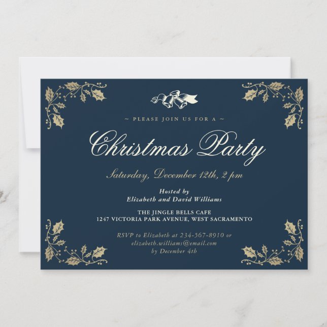 Elegant Blue Holly Bells Christmas Holiday Party Invitation (Front)