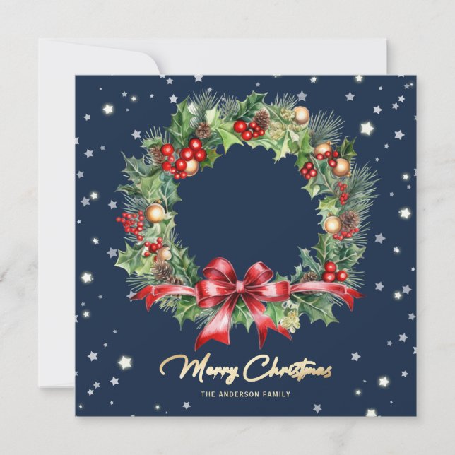 Elegant Blue Holly Berries Pine Wreath Photo Holiday Card (Front)