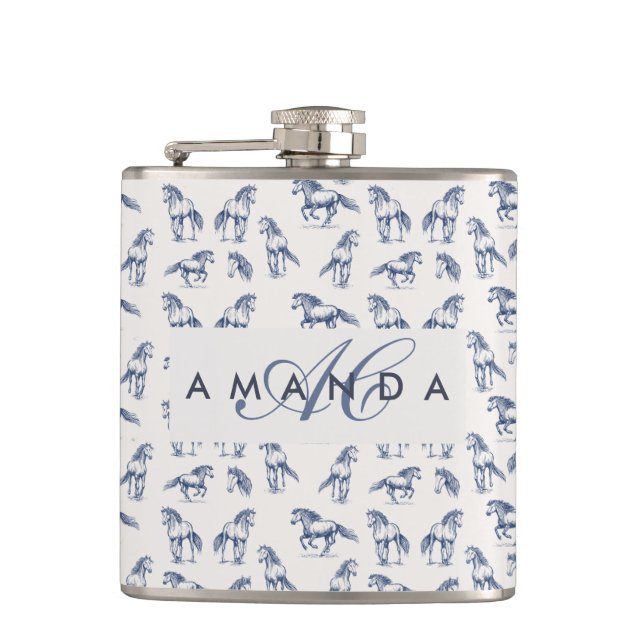 Elegant Blue Horses Monogrammed Initial Gifts Hip Flask (Front)