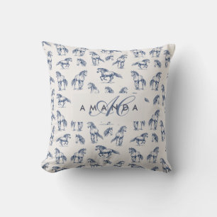 Elegant Blue Horses Monogrammed Initial Gifts Throw Pillow