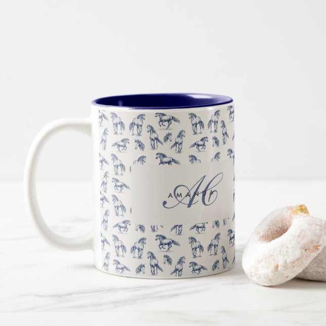 Elegant Blue Horses Monogrammed Initial Gifts Two-Tone Coffee Mug (With Donut)