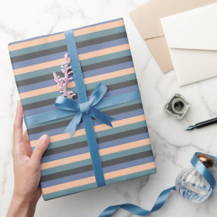 Elegant Blue Hues, Peach and Grey Stripes Pattern Wrapping Paper
