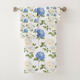 Elegant Blue Hydragea Flowers Pattern Bath Towel Set