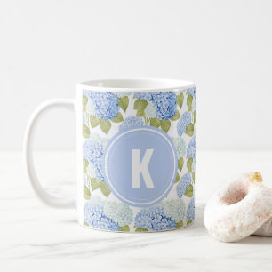Elegant Blue Hydragea Flowers Pattern Monogram Coffee Mug