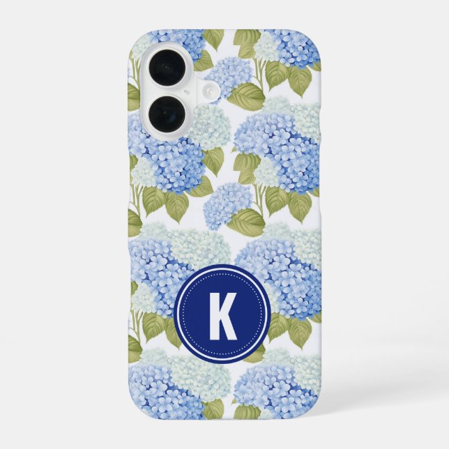 Elegant Blue Hydragea Flowers Pattern Monogram iPhone 16 Case (Back)