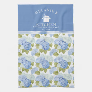 Elegant Blue Hydragea Flowers Pattern Monogram Kitchen Towel