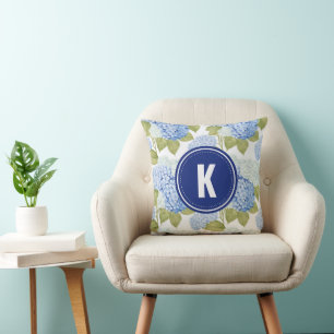 Elegant Blue Hydragea Flowers Pattern Monogram Throw Pillow