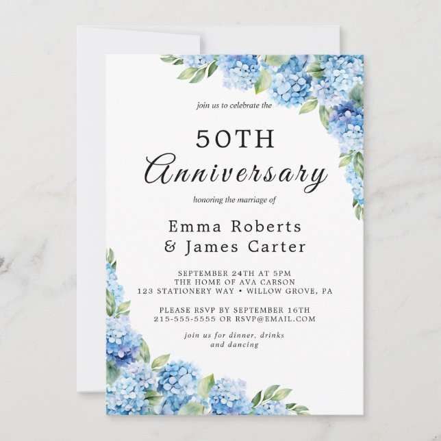 Elegant Blue Hydrangea 50th Wedding Anniversary Invitation (Front)