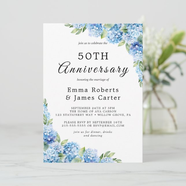 Elegant Blue Hydrangea 50th Wedding Anniversary Invitation (Standing Front)