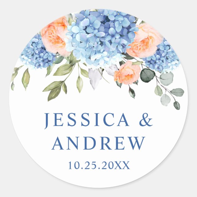 Elegant Blue Hydrangea Blush Pink Roses Classic Round Sticker (Front)