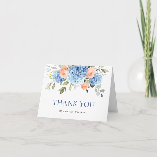 Elegant Blue Hydrangea Blush Pink Roses Flowers Thank You Card (Front)