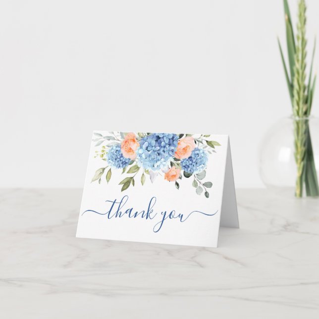 Elegant Blue Hydrangea Blush Pink Roses Thank You Card (Front)