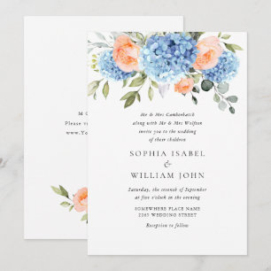 Elegant Blue Hydrangea Blush Pink Roses Wedding Invitation