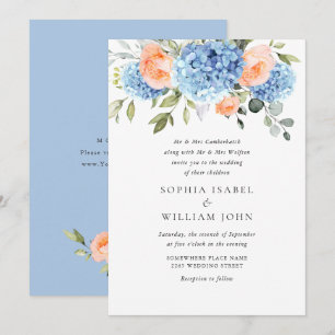 Elegant Blue Hydrangea Blush Pink Roses Wedding Invitation