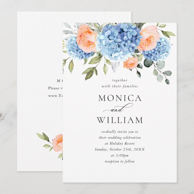 Elegant Blue Hydrangea Blush Pink Roses Wedding Invitation (Front/Back)