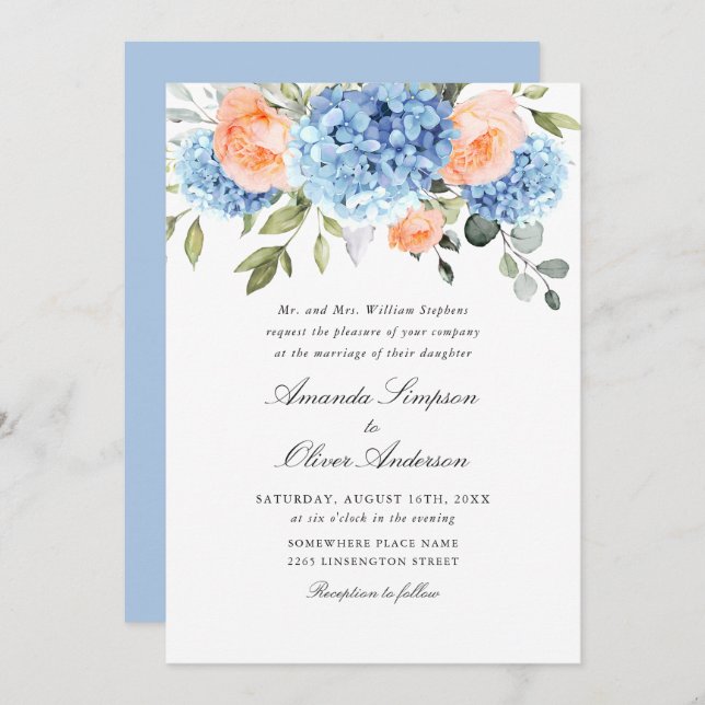 Elegant Blue Hydrangea Blush Pink Roses Wedding Invitation (Front/Back)