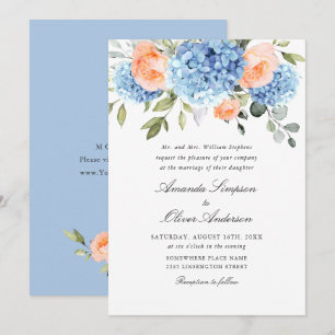 Elegant Blue Hydrangea Blush Pink Roses Wedding Invitation