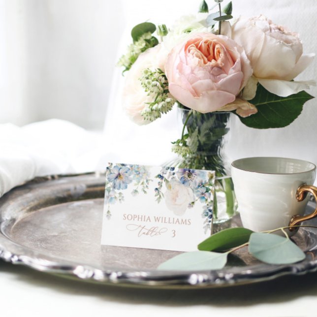 Elegant Blue Hydrangea & Blush Wedding Place Card (Creator Uploaded)