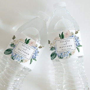 Elegant Blue Hydrangea Botanical Floral Wedding Water Bottle Label