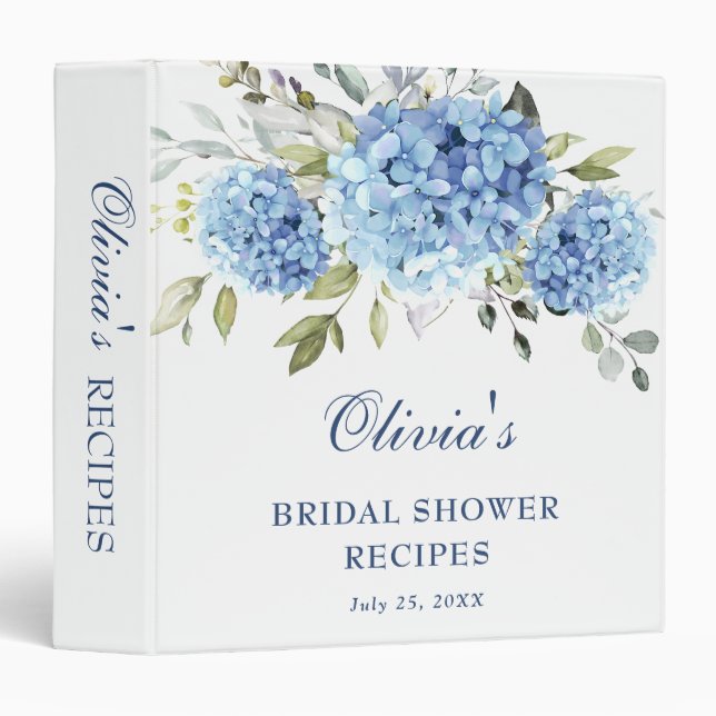Elegant Blue Hydrangea Bridal Shower Recipe Binder (Front/Spine)