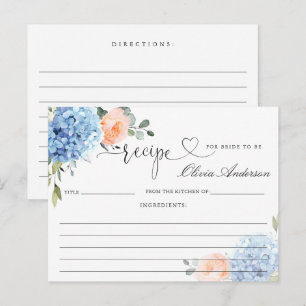 Elegant Blue Hydrangea Bridal Shower Recipe Card