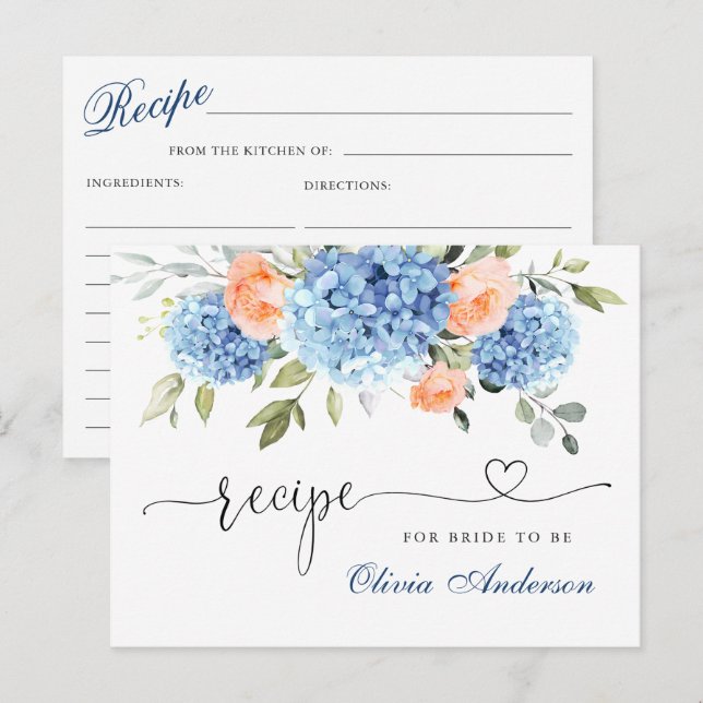 Elegant Blue Hydrangea Bridal Shower Recipe Card (Front/Back)