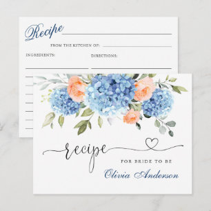 Elegant Blue Hydrangea Bridal Shower Recipe Card