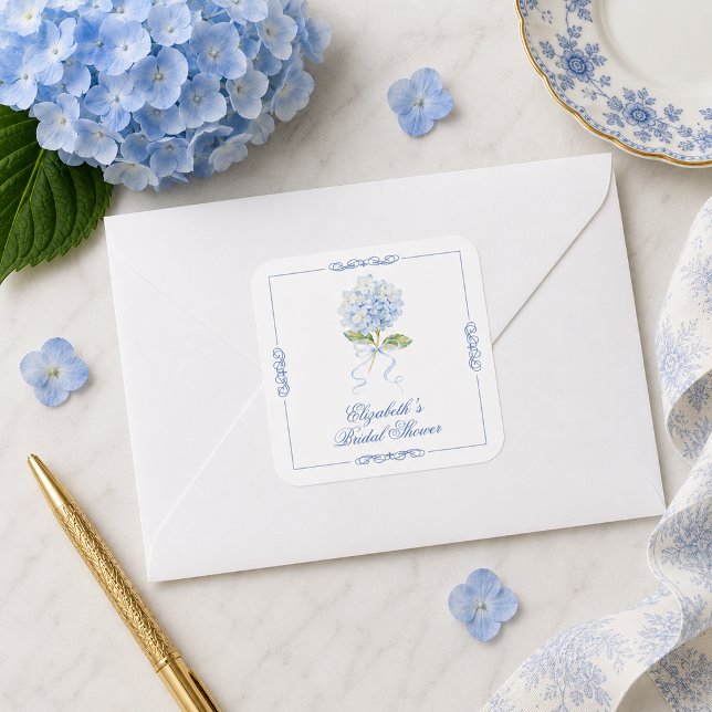 Elegant Blue Hydrangea Bridal Shower  Square Sticker (Elegant Blue Hydrangea Bridal Shower Square Sticker)