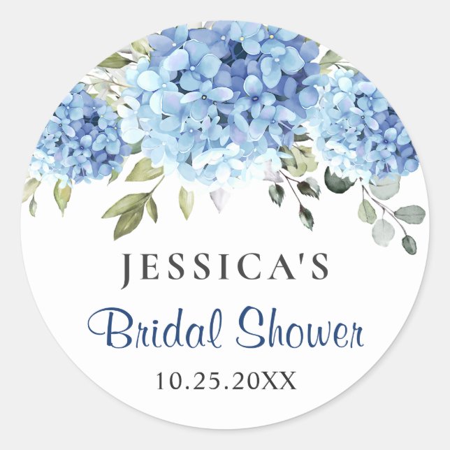 Elegant Blue Hydrangea Eucalyptus Bridal Shower Classic Round Sticker (Front)