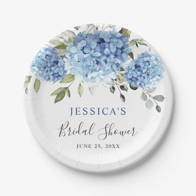 Elegant Blue Hydrangea Eucalyptus Bridal Shower Paper Plate (Front)