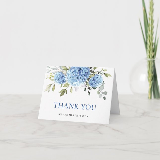 Elegant Blue Hydrangea Eucalyptus  Flowers Simple  Thank You Card (Front)