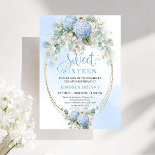 Elegant Blue Hydrangea Eucalyptus Sweet Sixteen Invitation