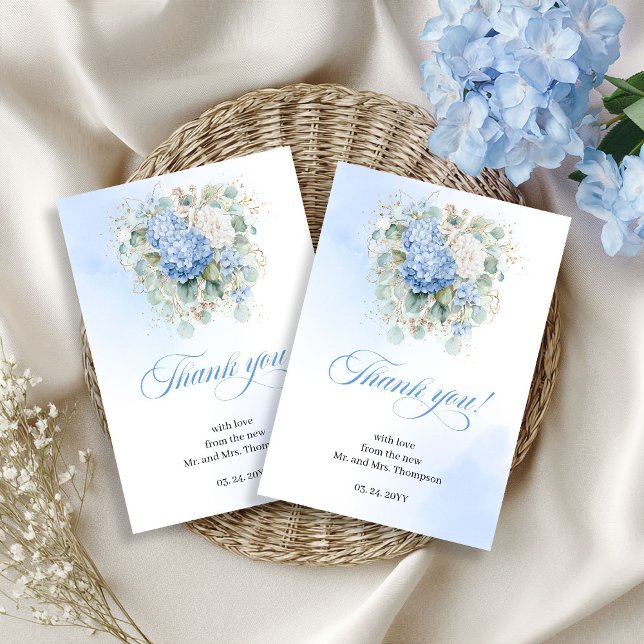 Elegant Blue Hydrangea Eucalyptus Wedding thanks RSVP Card (Blue hydrangea wedding thank you,
Watercolor Soft pastel blue floral, 
bohemian boho romantic light )
