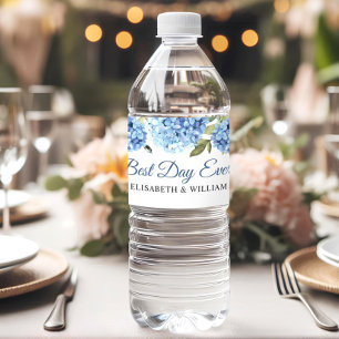 Elegant Blue Hydrangea Eucalyptus Wedding Water Bottle Label